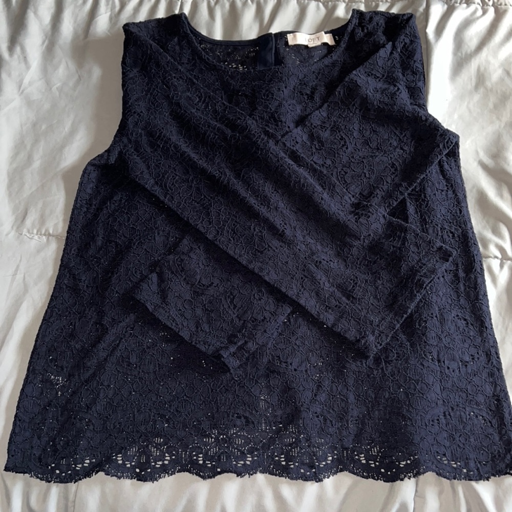 S Loft Navy Blue Lace blouse with button down back